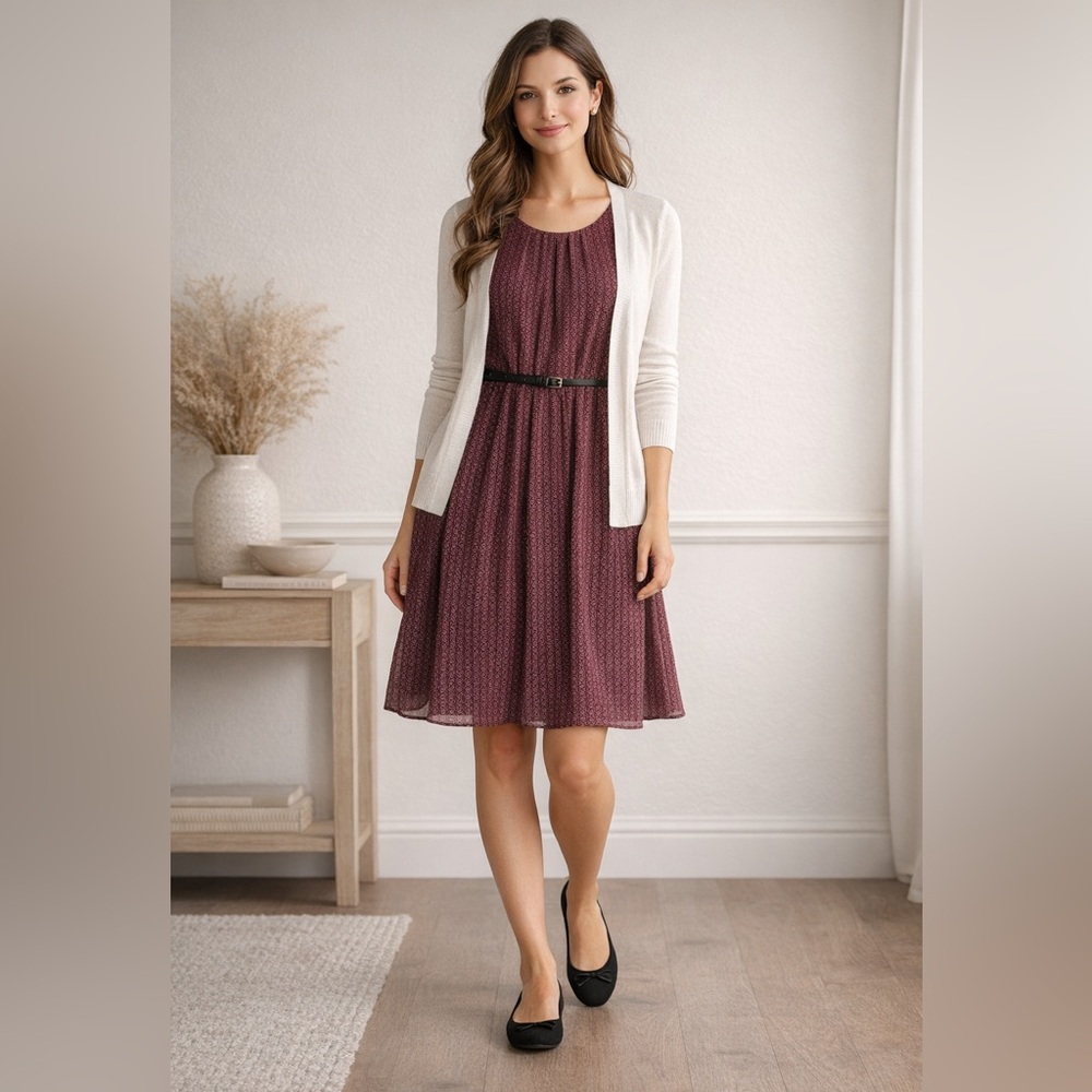 Iz Byer Burgundy Printed Sleeveless Fit & Flare Dress Small Belted